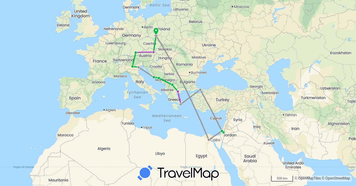 TravelMap itinerary: driving, bus, plane, train in Austria, Bosnia and Herzegovina, Germany, Egypt, Greece, Croatia, Israel, Italy, Macedonia, Poland, Turkey (Africa, Asia, Europe)